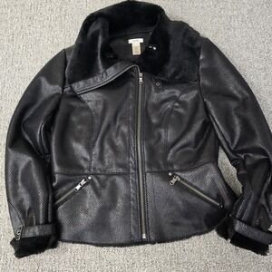 VTG Cache Faux Snakeskin Shimmer Leather Fur Trim Zip Jacket Womens L